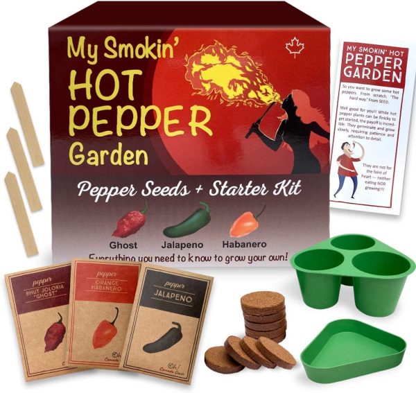 Hot Pepper Seed Variety Pack and Starter Grow Kit - Ghost (Bhut Jolokia), Habanero, Jalapeno