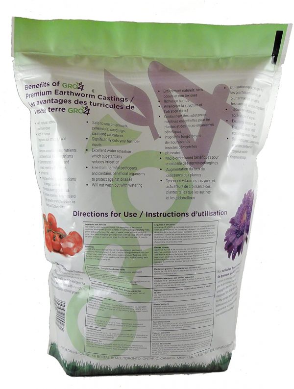 back of Gro4 Organics Premium Earthworm Castings 5L Recloseable Bag